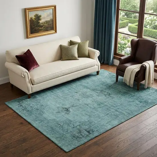 Teal And Ivory Oriental Washable Area Rug With UV Protection Photo 1
