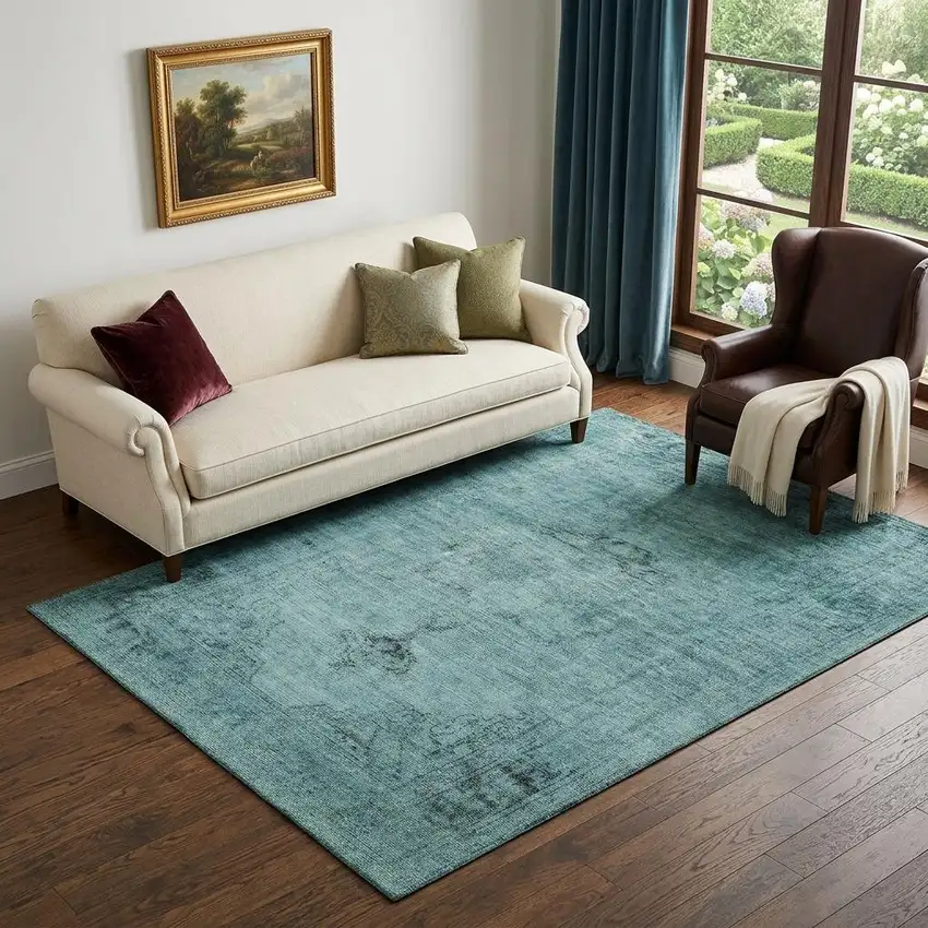 Teal And Ivory Oriental Washable Area Rug With UV Protection Photo 1