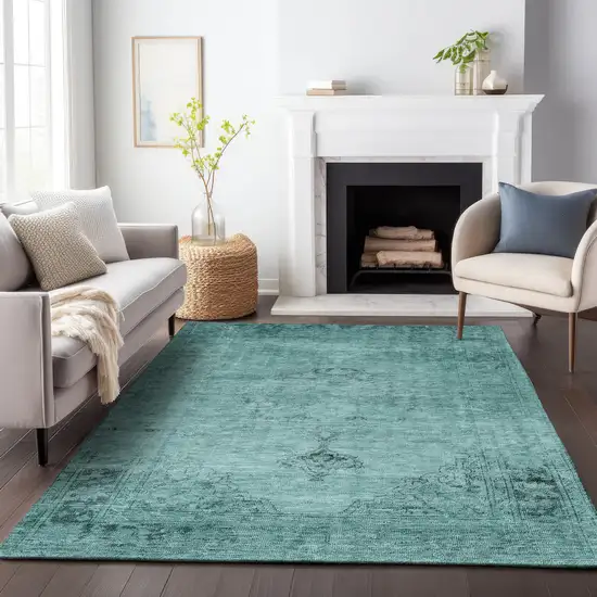 Teal And Ivory Oriental Washable Area Rug With UV Protection Photo 5