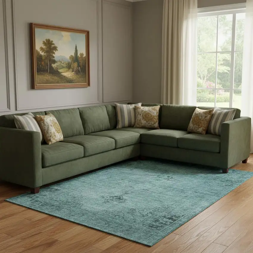 Teal And Ivory Oriental Washable Area Rug With UV Protection Photo 1