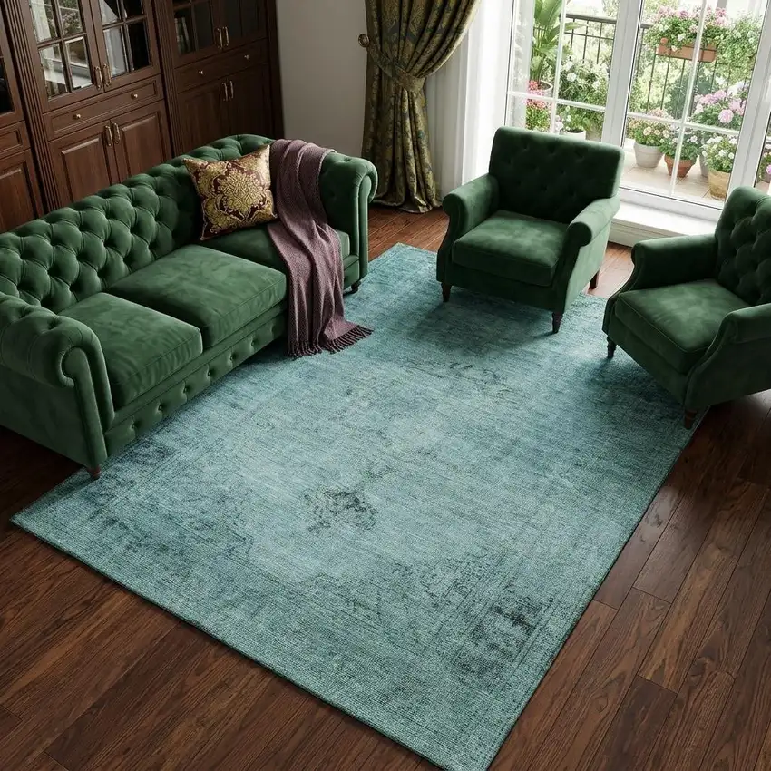 Teal And Ivory Oriental Washable Area Rug With UV Protection Photo 1