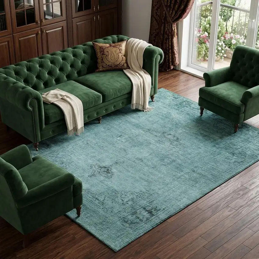Teal And Ivory Oriental Washable Area Rug With UV Protection Photo 1