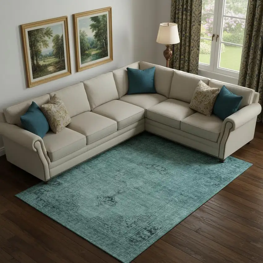 Teal And Ivory Oriental Washable Area Rug With UV Protection Photo 1