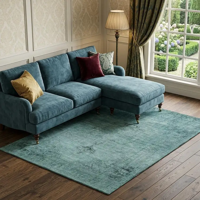 Teal And Ivory Oriental Washable Area Rug With UV Protection Photo 1