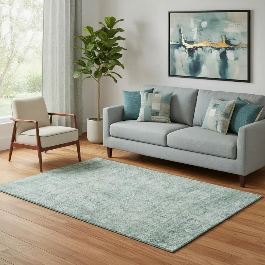 Teal And Ivory Oriental Washable Area Rug With UV Protection Photo 2