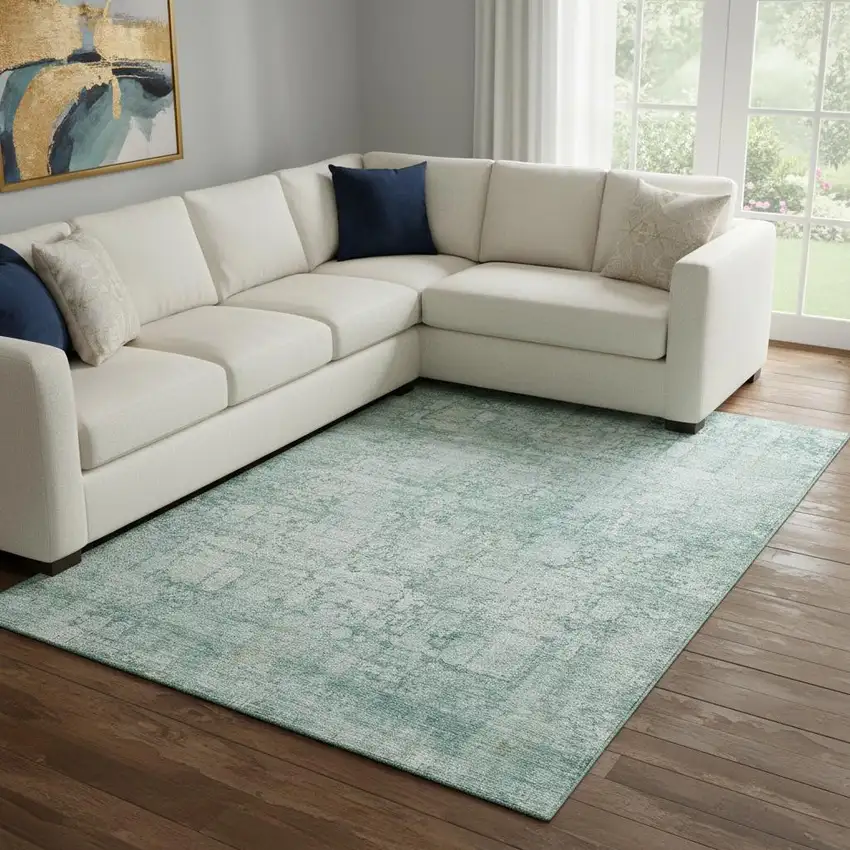 Teal And Ivory Oriental Washable Area Rug With UV Protection Photo 2
