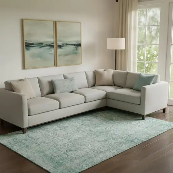 Teal And Ivory Oriental Washable Area Rug With UV Protection Photo 2