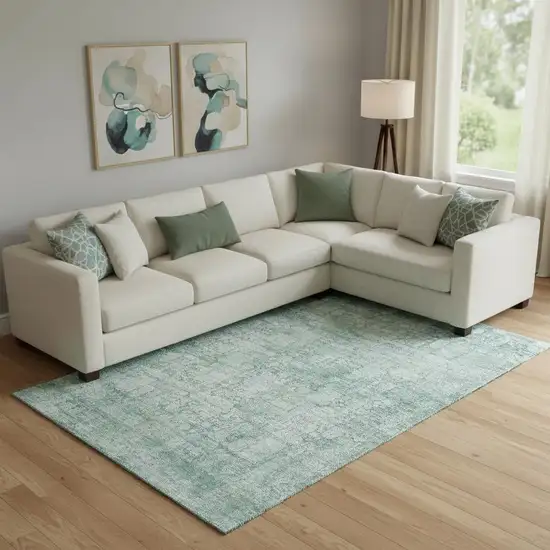 Teal And Ivory Oriental Washable Area Rug With UV Protection Photo 2