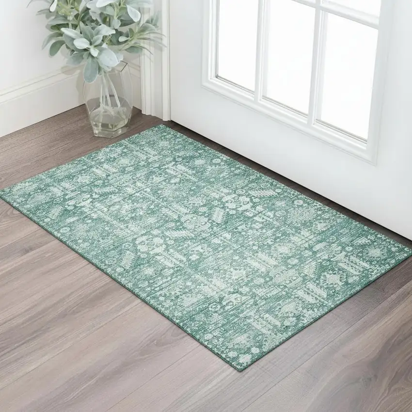 Teal And Ivory Oriental Washable Area Rug With UV Protection Photo 2