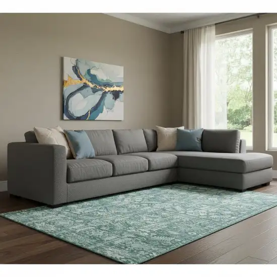 Teal And Ivory Oriental Washable Area Rug With UV Protection Photo 2