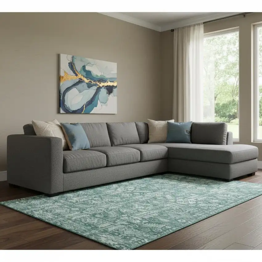 Teal And Ivory Oriental Washable Area Rug With UV Protection Photo 2