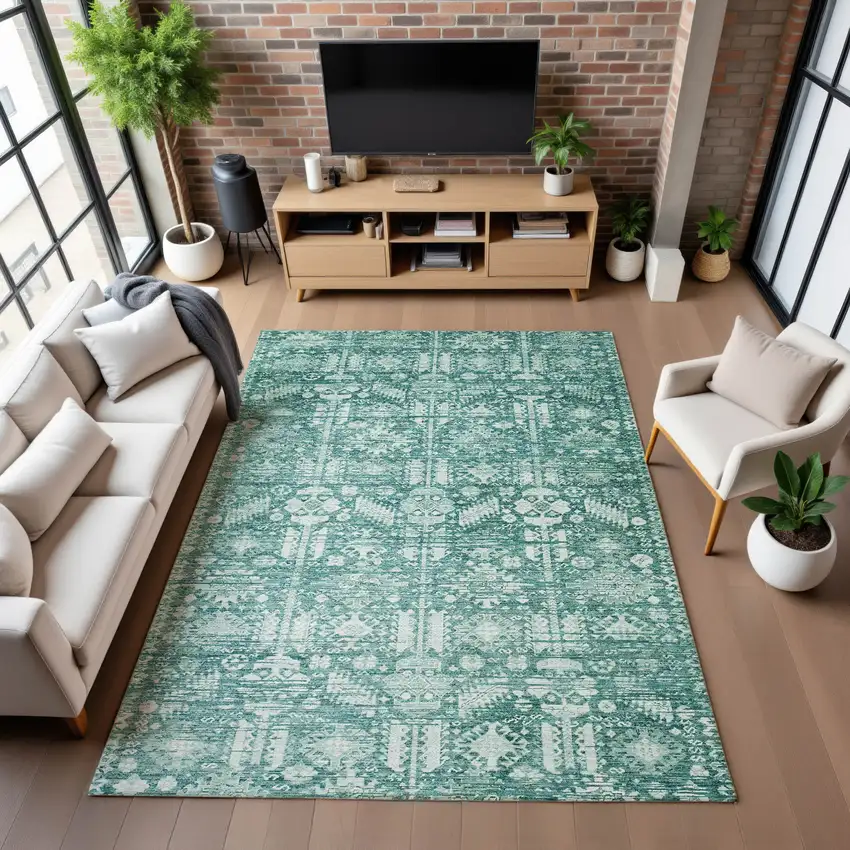 Teal And Ivory Oriental Washable Area Rug With UV Protection Photo 5