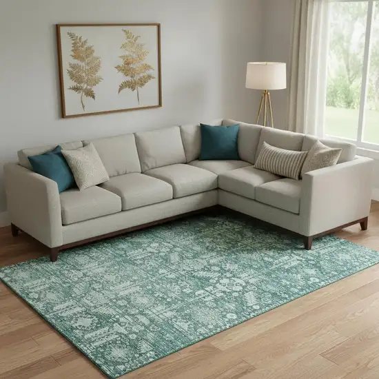 Teal And Ivory Oriental Washable Area Rug With UV Protection Photo 2
