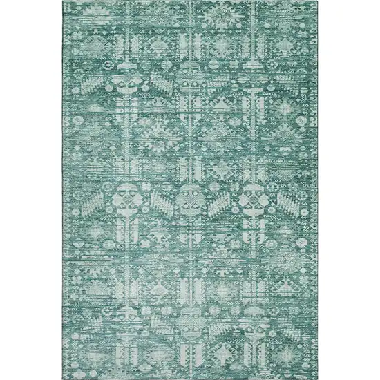 Teal And Ivory Oriental Washable Area Rug With UV Protection Photo 1