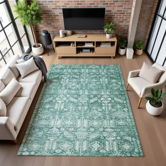 Teal And Ivory Oriental Washable Area Rug With UV Protection Photo 5
