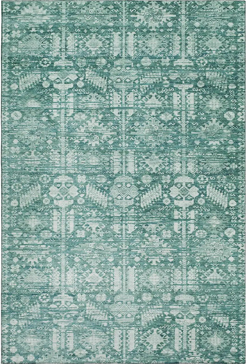 Teal And Ivory Oriental Washable Area Rug With UV Protection Photo 1