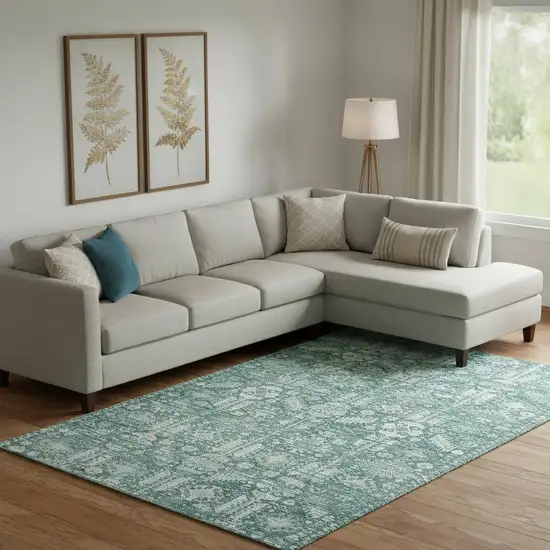 Teal And Ivory Oriental Washable Area Rug With UV Protection Photo 2