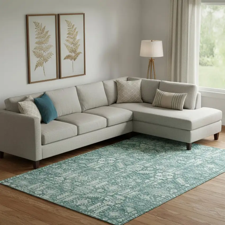 Teal And Ivory Oriental Washable Area Rug With UV Protection Photo 2