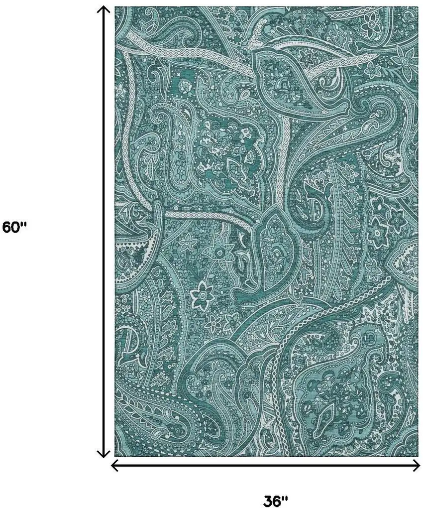 Teal And Ivory Paisley Washable Area Rug With UV Protection Photo 7