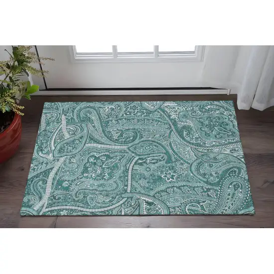 Teal And Ivory Paisley Washable Area Rug With UV Protection Photo 2