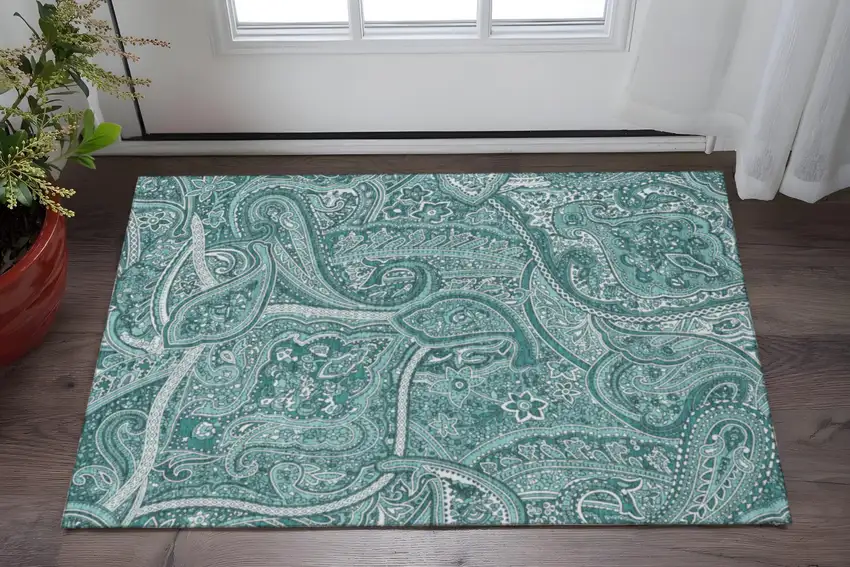 Teal And Ivory Paisley Washable Area Rug With UV Protection Photo 2