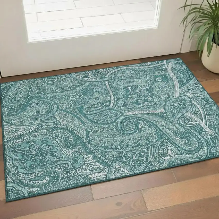 Teal And Ivory Paisley Washable Area Rug With UV Protection Photo 1