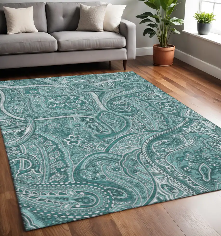 Teal And Ivory Paisley Washable Area Rug With UV Protection Photo 2
