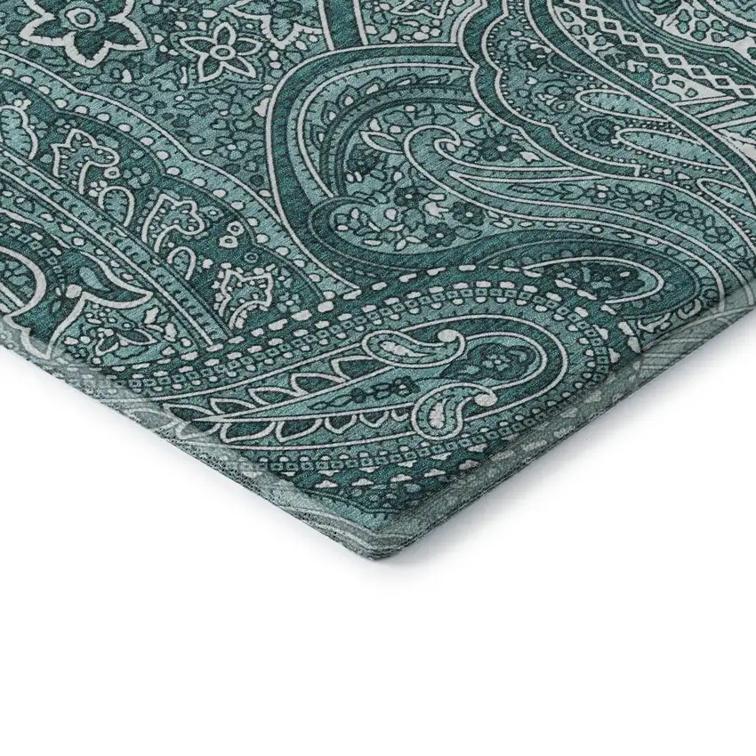Teal And Ivory Paisley Washable Area Rug With UV Protection Photo 9
