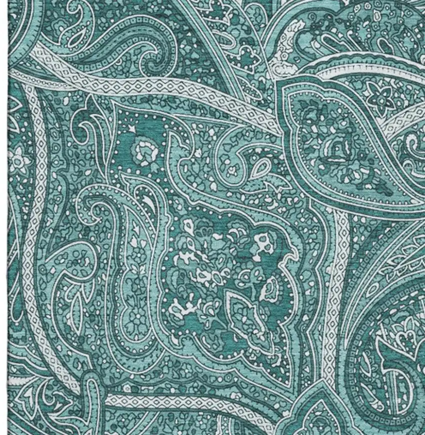Teal And Ivory Paisley Washable Area Rug With UV Protection Photo 4