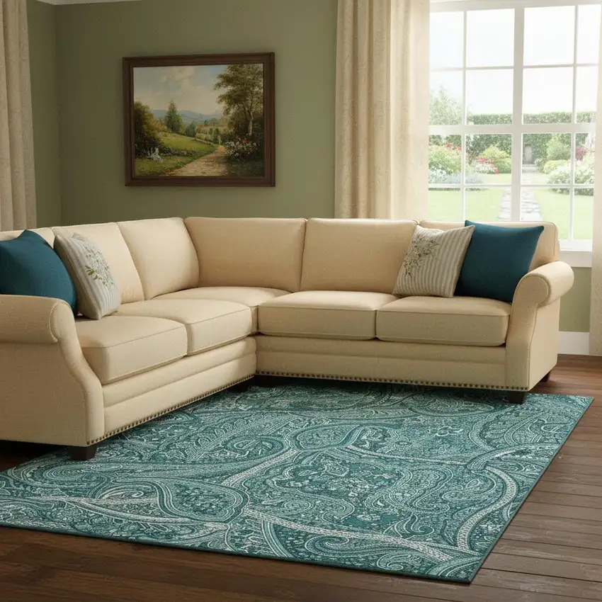 Teal And Ivory Paisley Washable Area Rug With UV Protection Photo 1