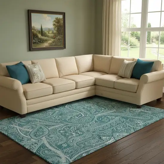 Teal And Ivory Paisley Washable Area Rug With UV Protection Photo 1