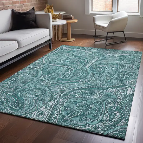 Teal And Ivory Paisley Washable Area Rug With UV Protection Photo 6