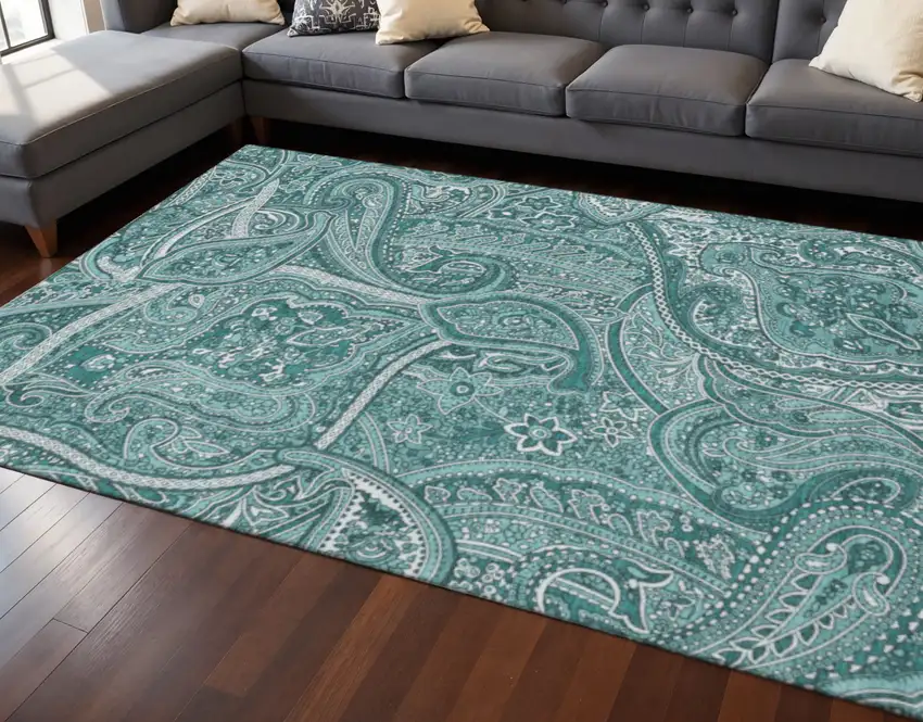 Teal And Ivory Paisley Washable Area Rug With UV Protection Photo 2
