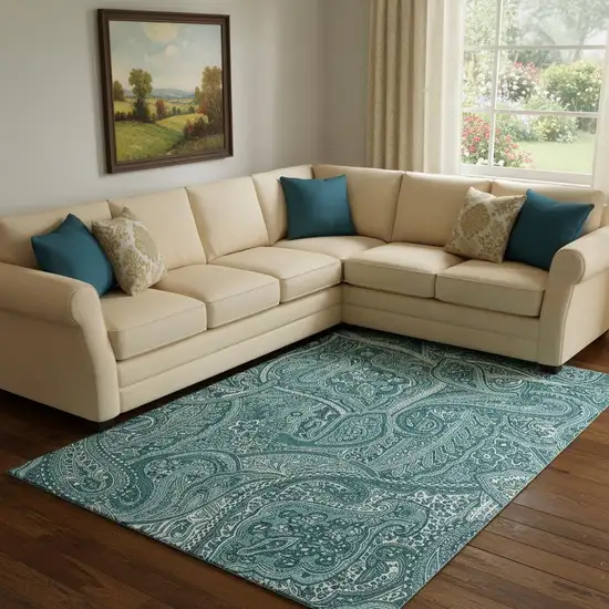 Teal And Ivory Paisley Washable Area Rug With UV Protection Photo 1