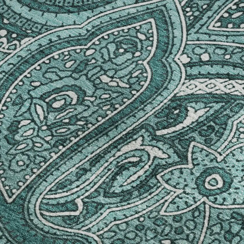 Teal And Ivory Paisley Washable Area Rug With UV Protection Photo 4