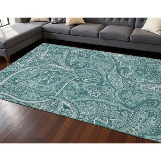 Teal And Ivory Paisley Washable Area Rug With UV Protection Photo 2