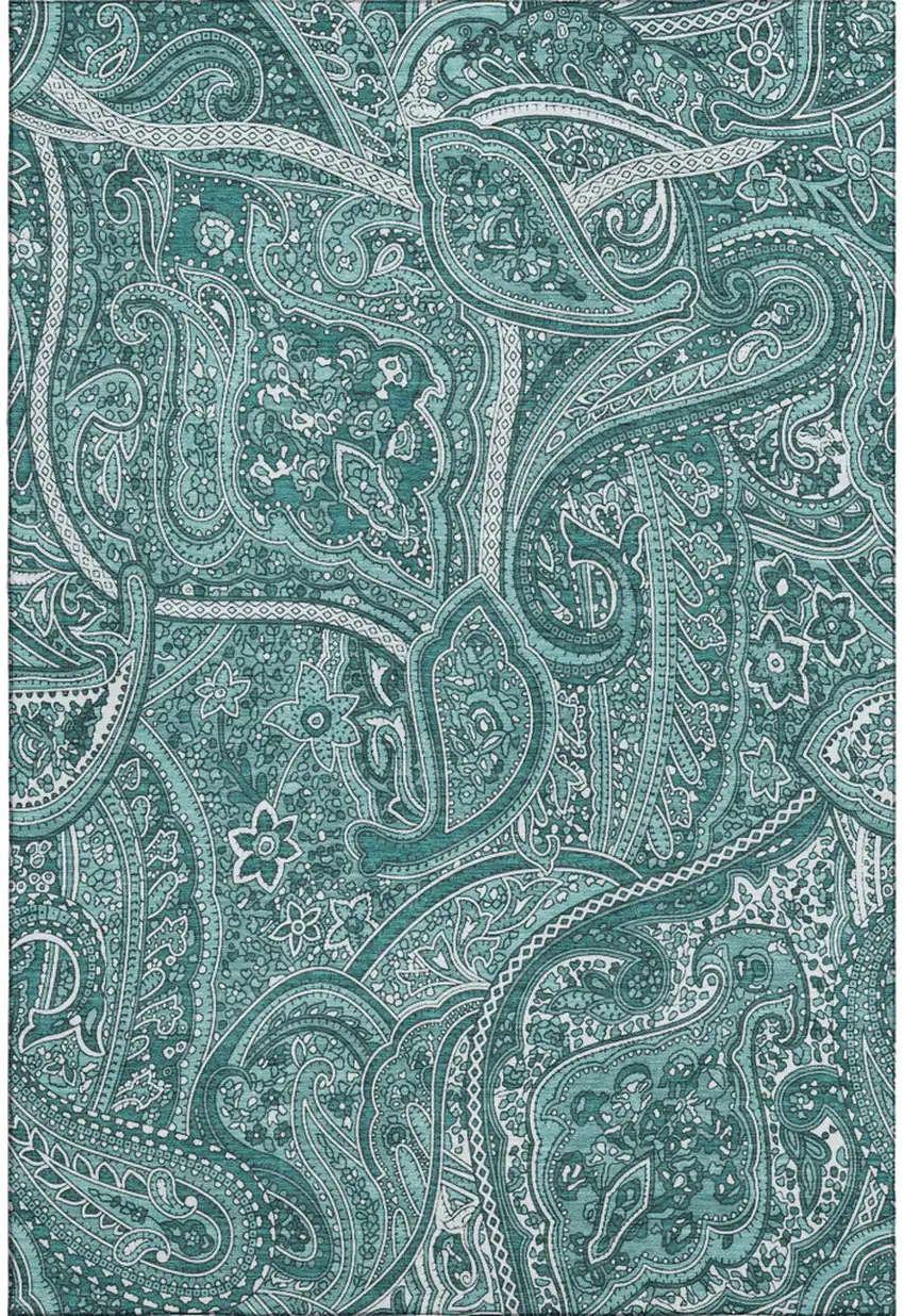Teal And Ivory Paisley Washable Area Rug With UV Protection Photo 1