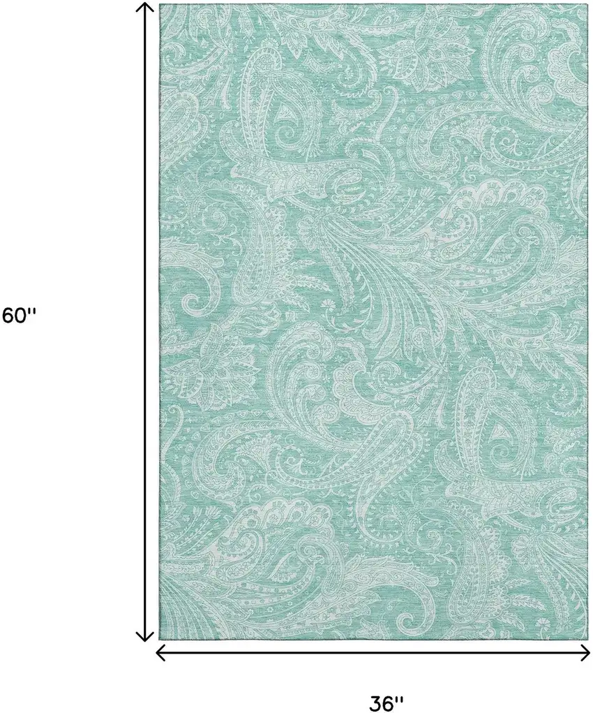 Teal And Ivory Paisley Washable Area Rug With UV Protection Photo 5