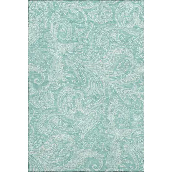 Teal And Ivory Paisley Washable Area Rug With UV Protection Photo 2