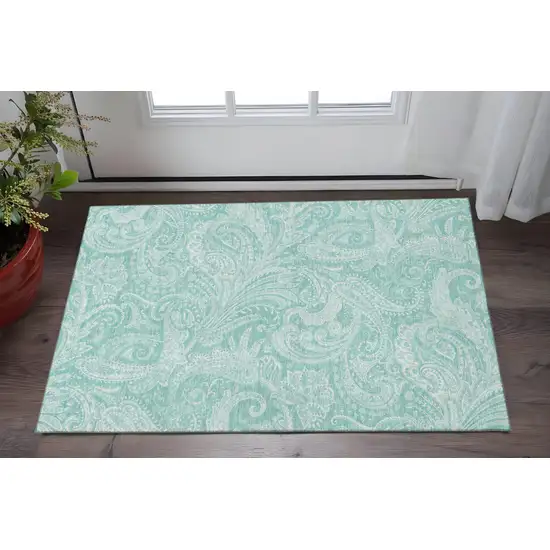 Teal And Ivory Paisley Washable Area Rug With UV Protection Photo 2