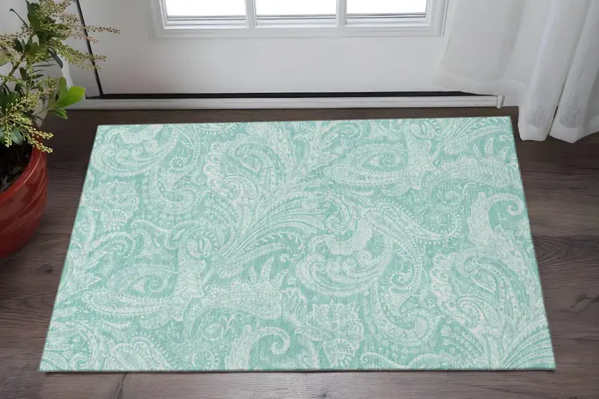 Teal And Ivory Paisley Washable Area Rug With UV Protection Photo 2