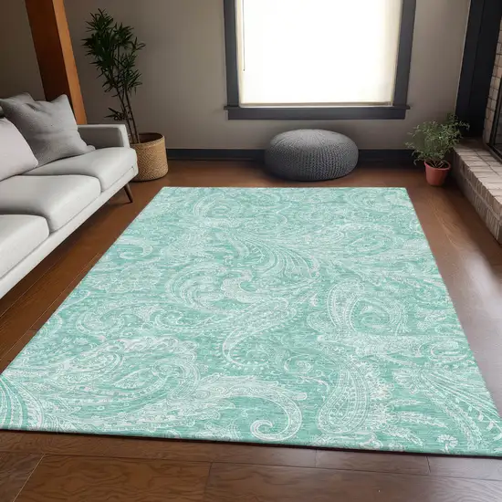 Teal And Ivory Paisley Washable Area Rug With UV Protection Photo 3