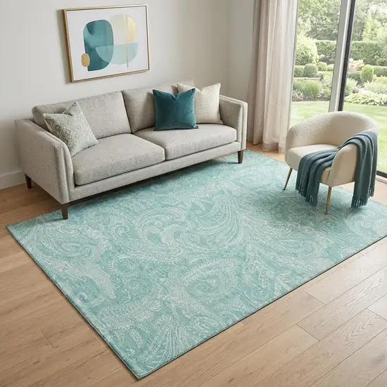Teal And Ivory Paisley Washable Area Rug With UV Protection Photo 1