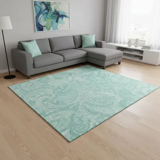Teal And Ivory Paisley Washable Area Rug With UV Protection Photo 1