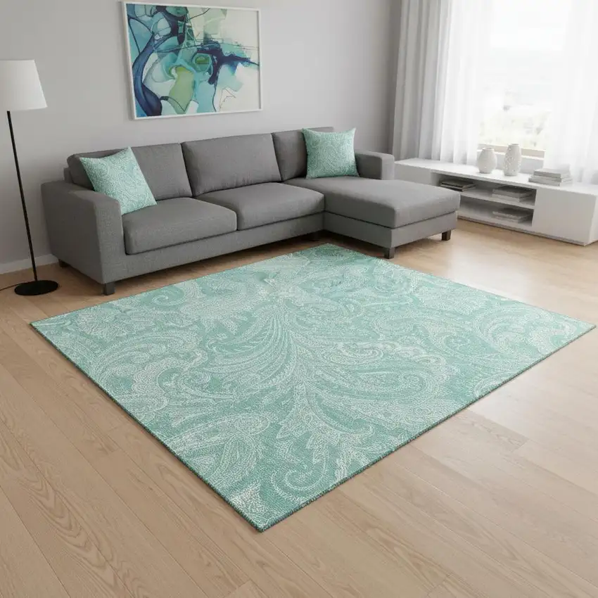 Teal And Ivory Paisley Washable Area Rug With UV Protection Photo 1