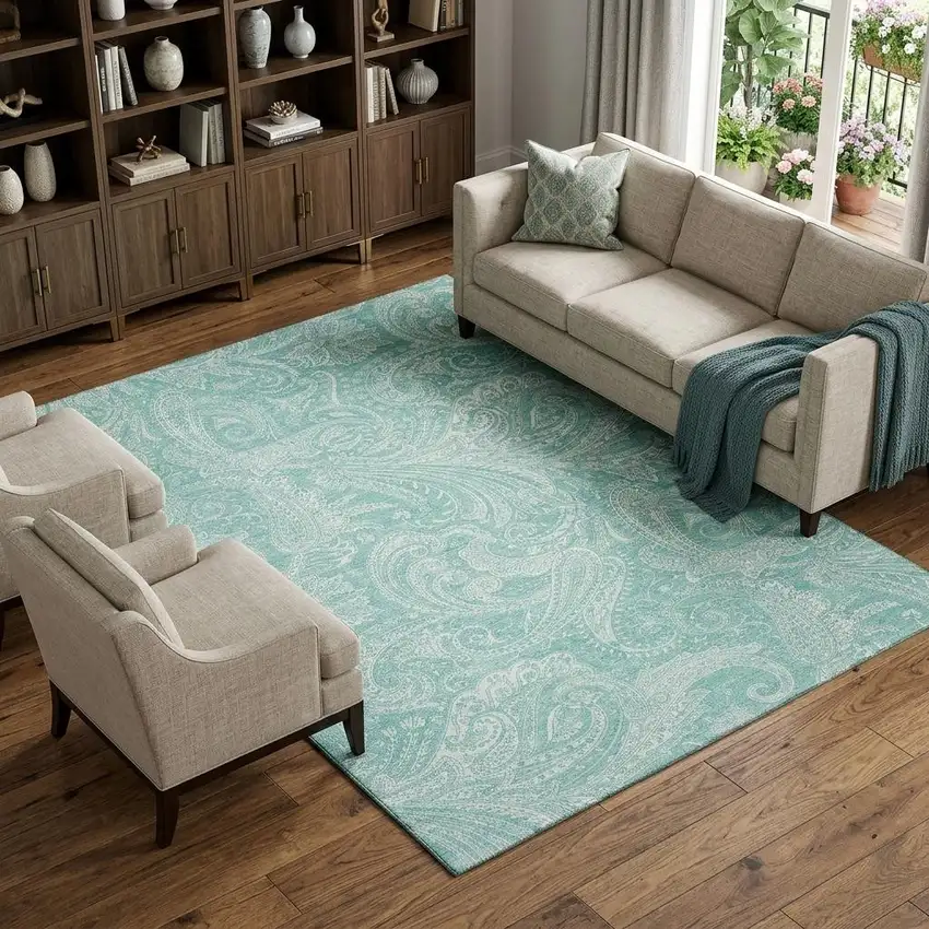 Teal And Ivory Paisley Washable Area Rug With UV Protection Photo 1