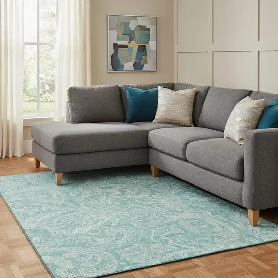Teal And Ivory Paisley Washable Area Rug With UV Protection Photo 1