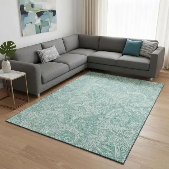 Teal And Ivory Paisley Washable Area Rug With UV Protection Photo 3