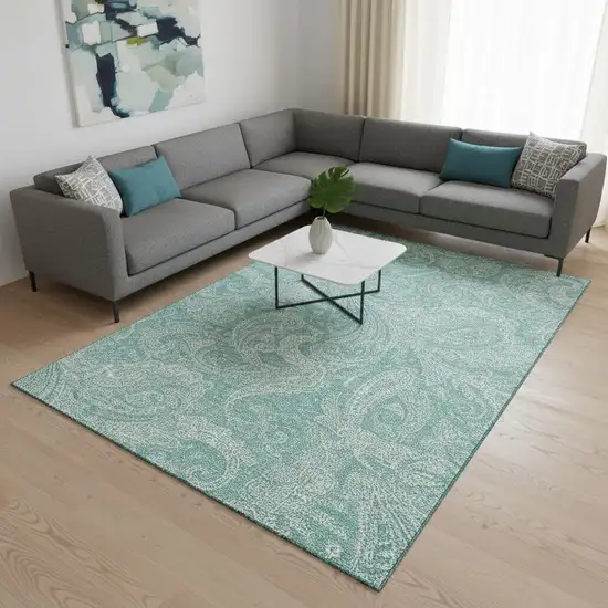Teal And Ivory Paisley Washable Area Rug With UV Protection Photo 2