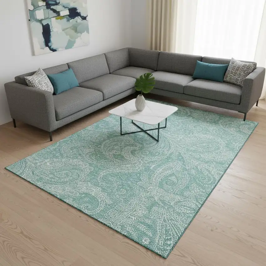 Teal And Ivory Paisley Washable Area Rug With UV Protection Photo 2